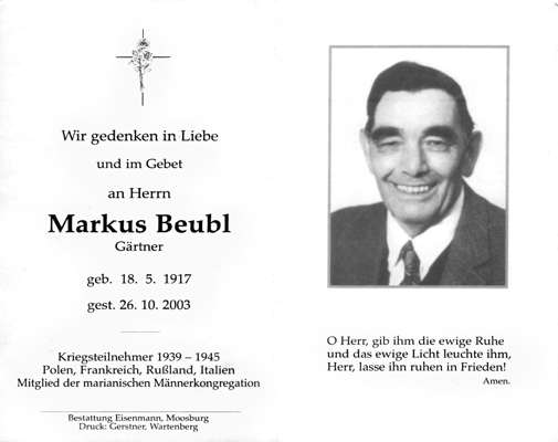 Sterbebildchen Markus Beubl, *18.05.1917 †26.10.2003