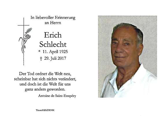 Sterbebildchen Erich Schlecht, *11.04.1925 †29.07.2017