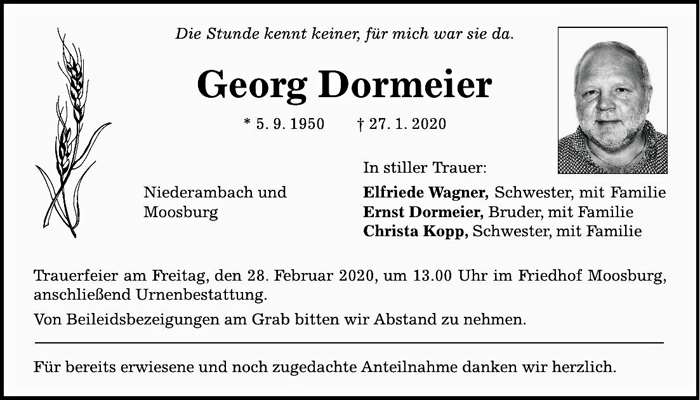 Todesanzeige Georg Dormeier *05.09.1950 †27.01.2020