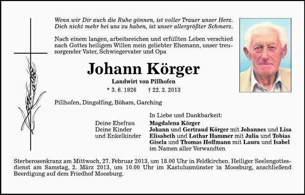 Todesanzeige Johann Krger *03.06.1926 †22.02.2013