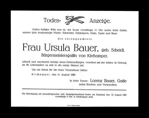 Todesanzeige Ursula Bauer, *1883 †11.08.1932