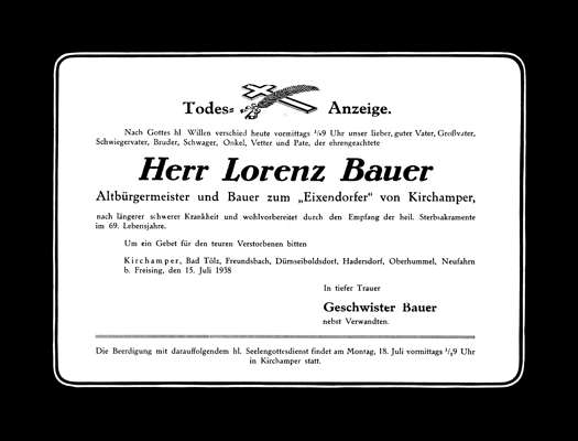 Todesanzeige Lorenz Bauer, *1869 †15.07.1938