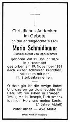 Sterbebildchen Maria Schmidbauer, *11.01.1874 †19.11.1955
