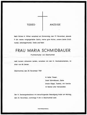 Todesanzeige Maria Schmidbauer, *11.01.1874 †19.11.1955