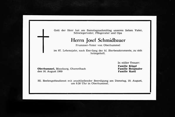 Todesanzeige Josef Schmidbauer, *1882 †16.08.1969