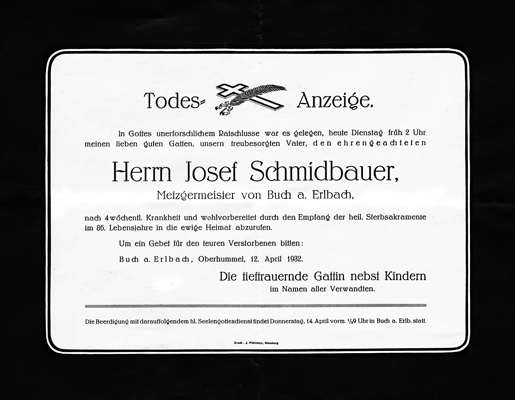 Todesanzeige Josef Schmidbauer, *1852 †12.04.1932
