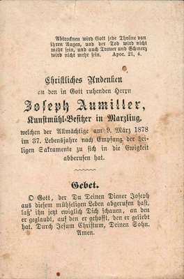 Sterbebildchen Joseph Aumiller, *1841 †03.03.1878