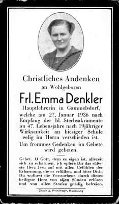 Sterbebildchen Frl. Emma Denkler, *1889 †27.01.1936