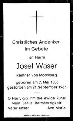 Sterbebildchen Josef Waser, *07.05.1888 †21.09.1963