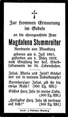 Sterbebildchen Magdalena Stummreiter, *06.07.1861 †01.03.1937