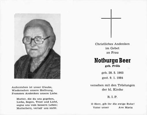 Sterbebildchen Notburga Beer, *28.05.1903 †09.01.1984