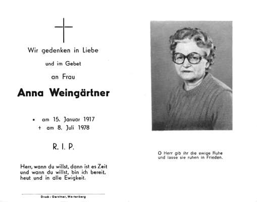 Sterbebildchen Anna Weingrtner, *15.01.1917 †08.07.1978