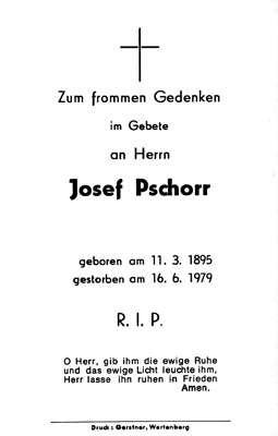 Sterbebildchen Josef Pschorr, *11.03.1895 †16.06.1979