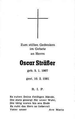 Sterbebildchen Oscar Strer, *05.01.1907 †10.02.1981