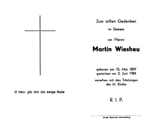 Sterbebildchen Martin Wiesheu, *15.05.1897 †02.06.1984