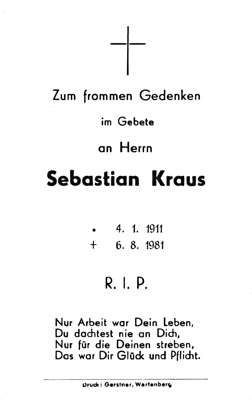 Sterbebildchen Sebastian Kraus, *04.01.1911 †06.08.1981