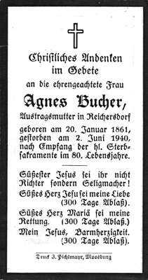 Sterbebildchen Agnes Bucher, *20.01.1869 †02.06.1940