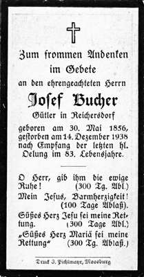Sterbebildchen Josef Bucher, *30.05.1856 †14.12.1938