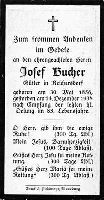 Sterbebildchen Josef Bucher, *30.05.1856 †14.12.1938
