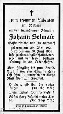 Sterbebildchen Johann Selmair, *29.05.1920 †30.06.1939