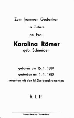 Sterbebildchen Karolina Rmer, *15.01.1889 †01.01.1980