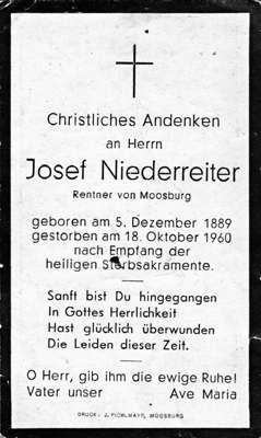 Sterbebildchen Josef Niederreiter, *05.12.1889 †18.10.1960