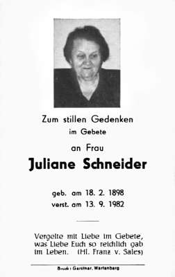 Sterbebildchen Juliane Schneider, *18.02.1898 †13.09.1982