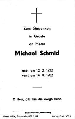 Sterbebildchen Michael Schmid, *12.02.1932 †14.09.1982