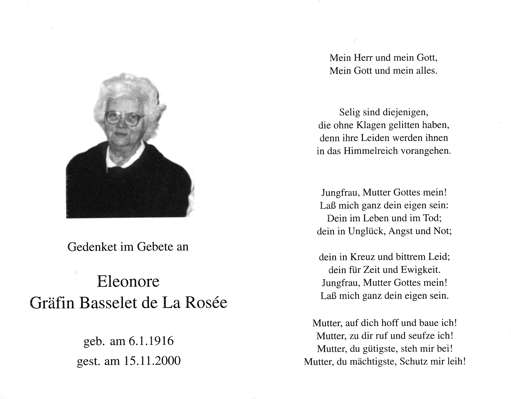 Sterbebildchen Eleonore Grfin Basselet de La Rose, *06.01.1916 †15.11.2000