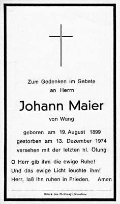 Sterbebildchen Johann Maier, *19.08.1899 †13.12.1974