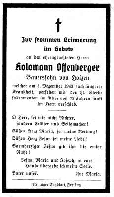 Sterbebildchen Kolomann Offenberger, *1870 †06.12.1943