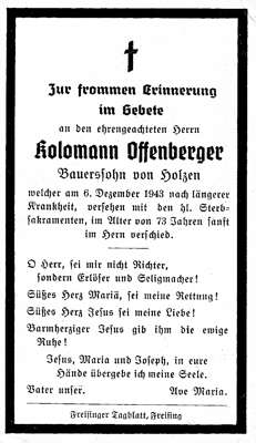Sterbebildchen Kolomann Offenberger, *1870 †06.12.1943