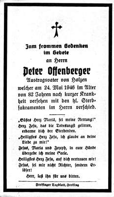 Sterbebildchen Peter Offenberger, *1864 †24.05.1946