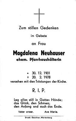 Sterbebildchen Magdalena Neuhauser, *30.12.1901 †20.02.1978