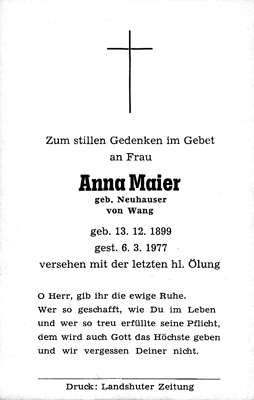 Sterbebildchen Anna Maier, *13.12.1899 †06.03.1977