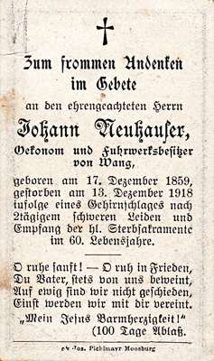 Sterbebildchen Johann Neuhauser, *17.12.1859 †13.12.1918