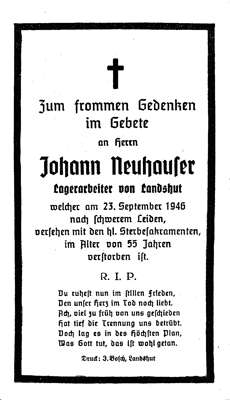 Sterbebildchen Johann Neuhauser, *1891 †23.09.1946