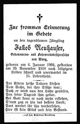 Sterbebildchen Jakob Neuhauser, *06.01.1904 †25.11.1918