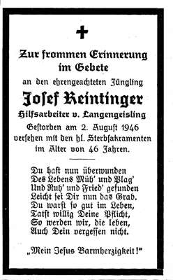 Sterbebildchen Josef Reintinger, *1900 †02.08.1946