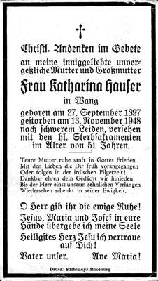 Sterbebildchen Katharina Hauser, *27.09.1927 †13.11.1948