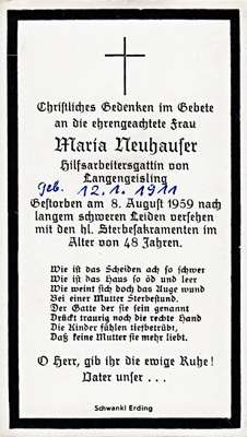 Sterbebildchen Maria Neuhauser, *12.01.1911 †08.08.1959