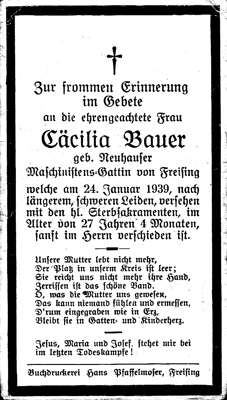 Sterbebildchen Ccilia Bauer, *1912 †24.01.1939