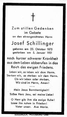 Sterbebildchen Josef Schillinger, *23.10.1873 †05.01.1951