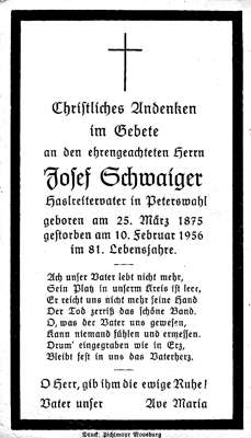 Sterbebildchen Josef Schwaiger, *25.03.1875 †10.02.1956