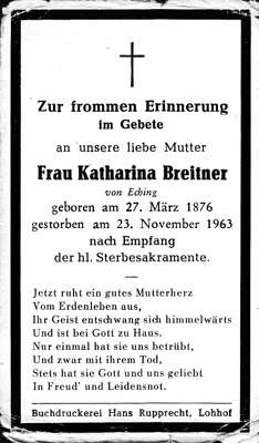 Sterbebildchen Katharina Breitner, *27.03.1876 †23.11.1963