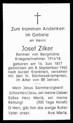 Sterbebildchen Josef Zilker, *16.06.1877 †08.09.1965