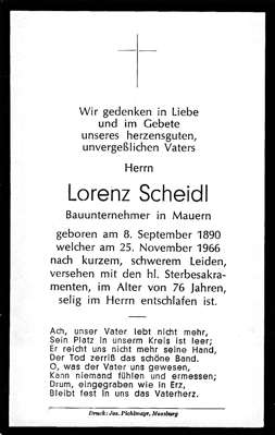 Sterbebildchen Lorenz Scheidl, *08.09.1890 †25.11.1966