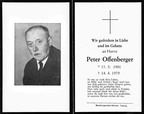 Sterbebildchen Peter Offenberger, *17.05.1901 †14.04.1979