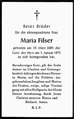 Sterbebildchen Maria Filser, *28.03.1889 †01.01.1971
