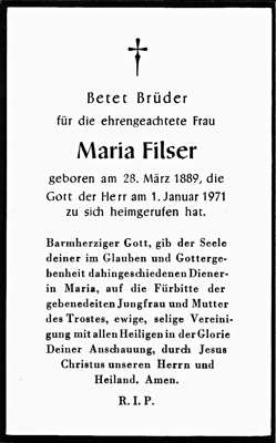 Sterbebildchen Maria Filser, *28.03.1889 †01.01.1971